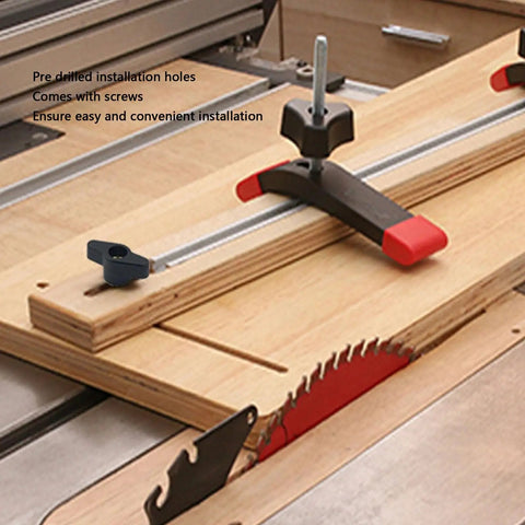 Aluminum T Track Double Cut Profile Miter Slot Jig For Woodworking Workbench with predrilled holes and screws on workbench