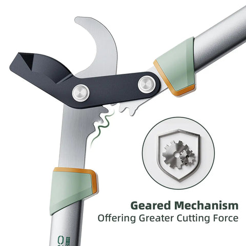 Close-up of Heavy Duty Bypass Loppers for Tree Trimming, German stainless steel blades, geared mechanism, rust resistant.