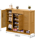 Spacious Six Tier Freestanding Shoe Cabinet Boasting Four Doors And A Nifty Drawer To Stow Away Your Best Kickers In Style, shown with shoes and sizes.