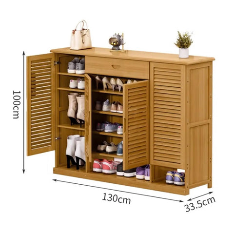 Spacious Six Tier Freestanding Shoe Cabinet Boasting Four Doors And A Nifty Drawer To Stow Away Your Best Kickers In Style, shown with shoes and sizes.