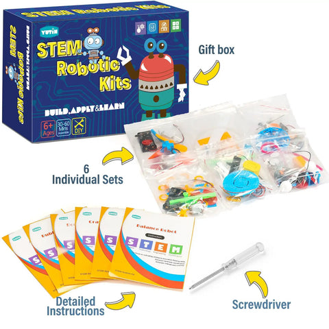 Six-In-One Robotics Science Kits For Kids Ages 8 To 12, STEM Building Toys With Bubble Machine, Doodling Robot, Balance Robot, Crawling Robot, Glider And Air Rocket For Hands-On Engineering Fun, boxed set with 6 kits and instructions
