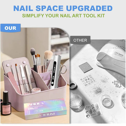 Comparison of organized nail art tools and multi functional handheld UV nail light with cat eye magnet, vs other tools on table.