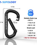 Beefy Heavy Duty Carabiner Clip Set Of 6 1100Lb D Shaped Steel Clips With 3 Inch Spring Hooks For Hammocks Hiking Keychains Outdoor Gear Dog Leash Gym And Key Ring Use, black carabiner with load details displayed next to it