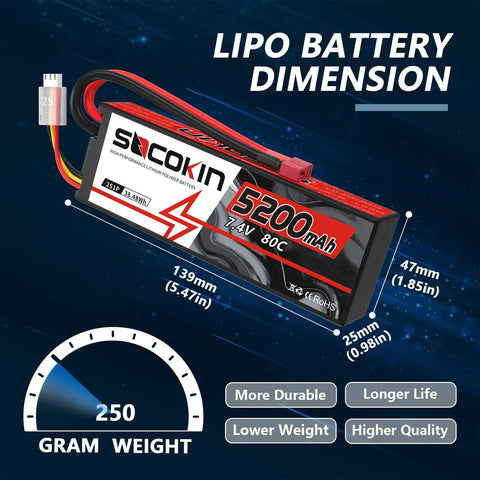 Dimensions of 2S 7.4V 5200mAh 80C LiPo Battery With Hard Case T Plug For RC Cars Boats Drones Planes And Trucks.