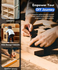 Collage showing cabinetry, kids storage cabinets, and general joinery with hands working on a DIY woodworking project.