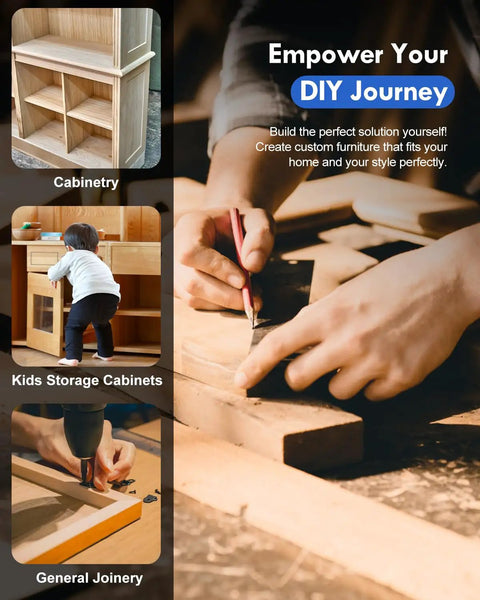 Collage showing cabinetry, kids storage cabinets, and general joinery with hands working on a DIY woodworking project.