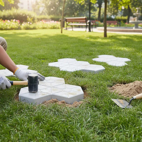 Person installing Leaf Pattern Concrete Paver Mold For Pathways And Patios Reusable Stone Garden Mold DIY Landscape Paving Tool on grass.
