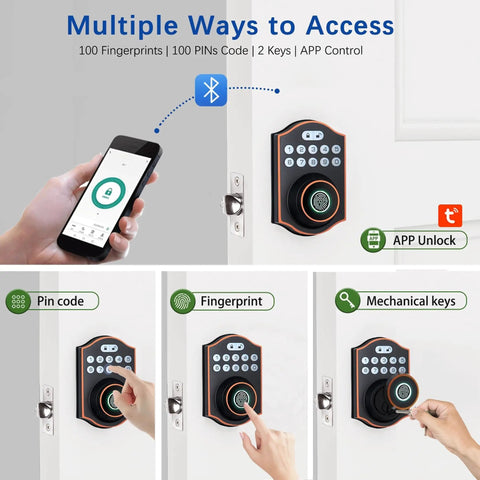 No Sweat Smart Fingerprint Door Lock Featuring Keyless Entry Deadbolt And Electronic Touchscreen showing access methods including PIN and app.