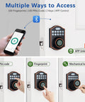 Smooth Keyless Entry Deadbolt With Smart Fingerprint Reader And Electronic Keypad Bluetooth App Control No Sweat Setup showcases access methods.