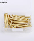 Hella Durable 25 Pack Eight Thirty Two By One Point Seven Five Truss Head Machine Screws Premium Brass Plated Steel in clear box.
