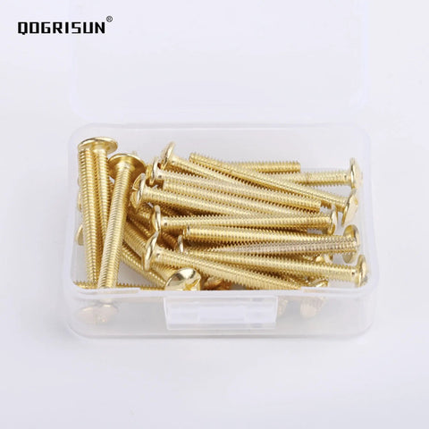 Hella Durable 25 Pack Eight Thirty Two By One Point Seven Five Truss Head Machine Screws Premium Brass Plated Steel in clear box.