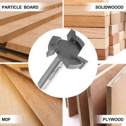 One Quarter Inch Shank One Inch Cutting Diameter T Shape CNC Spoilboard Surfacing Router Bit For Bottom Cleaning And Wood Milling Planing Tool Pro Grade Carbide Mortising Router Bit Long Lasting with various wood types including particle board, solid wood, MDF, and plywood.