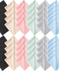 Assorted colors of gentle microfiber cleaning cloths for glasses and electronics, showing 50 pieces in black, pink, beige, gray, and blue.