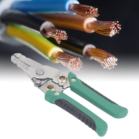 No Sweat Heavy Duty Spring Loaded Wire Stripper Multifunctional Terminal Crimping Tool With Rugged Stainless Steel Construction For Electricians in use with electrical cables.
