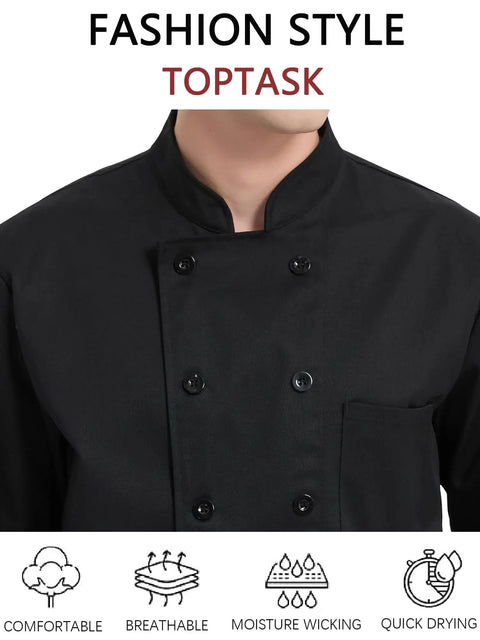 Kick Your Cooking Up With This Slick Long Sleeve Chef Coat Featuring Breezy Breathable Fabric Double Breasted Buttons And A Handy Sleeve Pocket Snag This Solid Black Restaurant Uniform For Intense Kitchen Heat Shift Ready Wear.