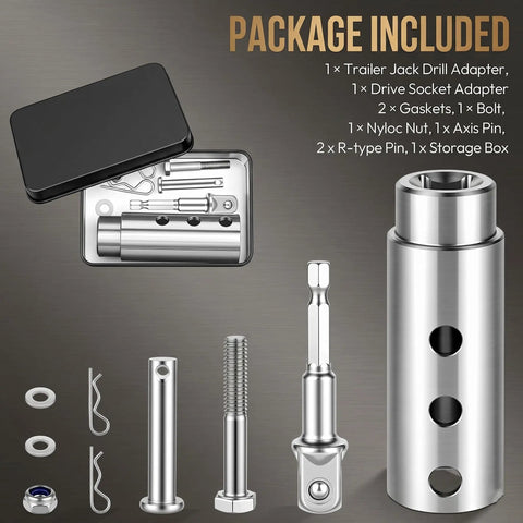 Heavy Duty Trailer Jack Drill Adapter For One Inch Shaft Shanks Premium Stainless Steel Build, tools in storage box.
