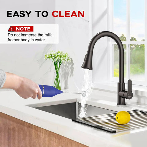 Handheld Milk Frother 14,000 RPM Drink Mixer Wand With Stand And Stirring Spoon Quiet One Button Operation held near sink faucet