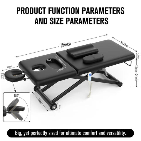 Dolonm Heavy Duty Electric Massage Table With Adjustable Lift And Backrest dimensions and features illustration, wide black cushioned platform.