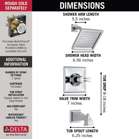 Dimensions of Dryden 14 Series Tub And Shower Trim Kit With Single Function Shower Head Chrome Finish 2.0 GPM Flow Valve Included