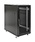 Heavy Duty 22U Network Server Rack Cabinet Ready To Roll With Pre Assembled Vented Doors And Thumb Locks For Serious Computer And Tech Gear Setup Black solid build with mesh front door.