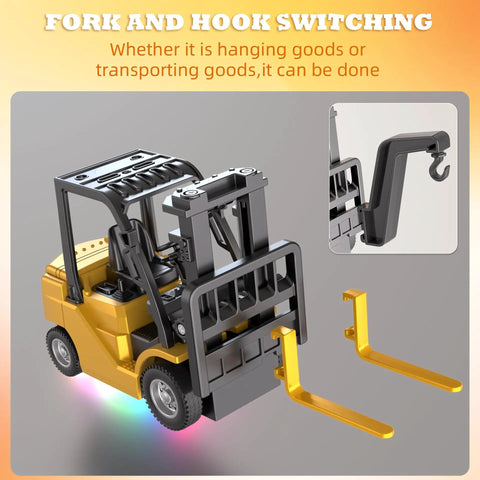 Mini 1:64 Scale Remote Control Liftable Forklift Toy With All Metal Die Cast Body showing forks and hook switching feature