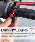 Universal Motorcycle Cruise Control Throttle Lock With Quick Release Thumb Twist shown on a handlebar with a red release button for easy installation.