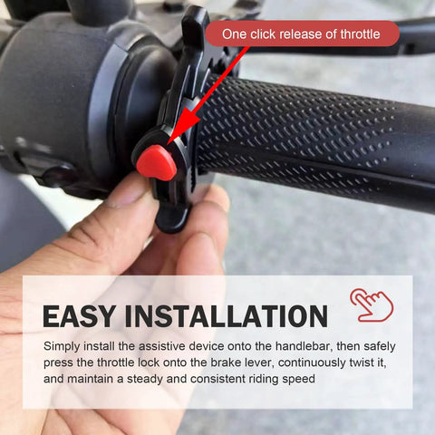 Universal Motorcycle Cruise Control Throttle Lock With Quick Release Thumb Twist shown on a handlebar with a red release button for easy installation.