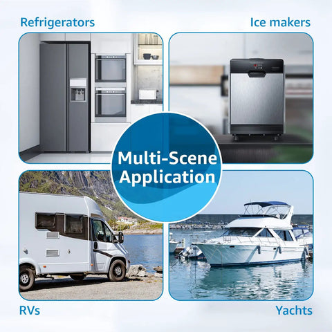Image showing use of Go-To Inline Water Filter For Ice Makers And Refrigerators With 1/4-Inch Direct Connect Fittings in fridges, ice makers, RVs, yachts.
