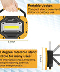 Front and side view of LED Work Light With Rechargeable Battery And Magnetic Stand On The Go Waterproof Portable Flood Light For Job Sites Camping Fishing Hiking And Car Inspections Emergency Mode Two Pack showing compact size and rotatable stand.