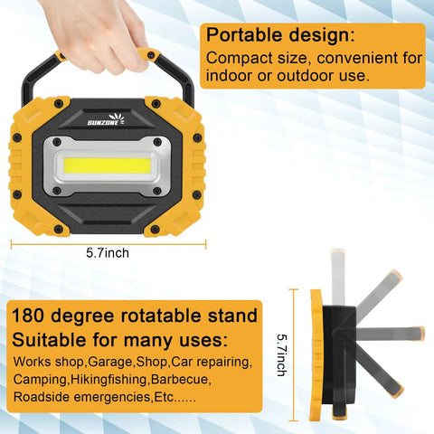 Front and side view of LED Work Light With Rechargeable Battery And Magnetic Stand On The Go Waterproof Portable Flood Light For Job Sites Camping Fishing Hiking And Car Inspections Emergency Mode Two Pack showing compact size and rotatable stand.