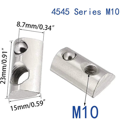 Built Tough M10 Roll In Spring Loaded Half Round T Slot Nuts Carbon Steel Nickel Plated Rust Resistant, sizes 23mm x 15mm.