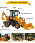 Compact Four Wheel Drive Backhoe Loader Tractor Mounted Digger With Versatile Attachments, labeled parts visible