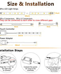 Diagram showing size and installation of Under Cabinet Lighting Kit With Six Dimmable LED Lights, connectors, and power adapter.