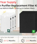 Replacement Filters Kit For HPA300 Series Air Purifiers With HRF R3 HEPA Filters And 6 Pre Cut A Carbon Pre Filters Includes 3 R Filters And Carbon Pre Filters Pack Compatible With HPA300 HPA304 HPA3300 HPA5300 HPA5350 HPA8350 product image showing HEPA and carbon filters with sizes and duration.