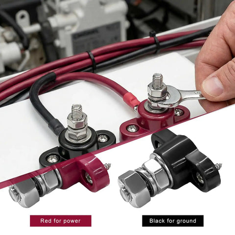 Two Pack 3/8 Inch 12V Car Battery Junction Post Block Heavy Duty Insulated Power Ground Distribution Terminal with wires and bolts.