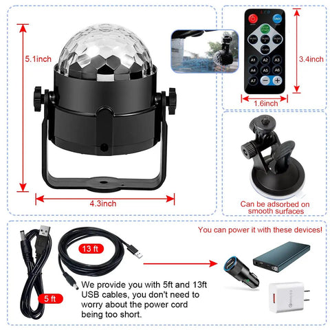 Sound Activated DJ Light With Colorful LED Strobe Beams, remote, suction mount, 5ft and 13ft USB cables, size details