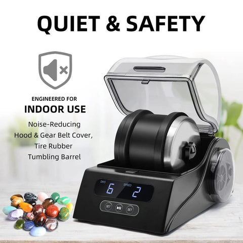 Rock Tumbler Kit With Quiet Polisher And Noise Reduction Cover Speed And Timer Control Includes Four Polishing Grits Rough Gemstones Learning Guide And A Cool Awesome Science Gift For All Ages shown with cover open and display panel