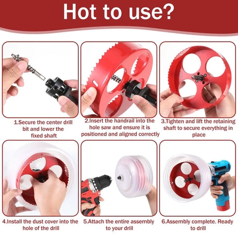 Instructional steps for using All In One Pro Grade Recessed Lighting Hole Saw Kit With 4 Inch And 6 Inch Cutters, Dust Bowl Catcher.