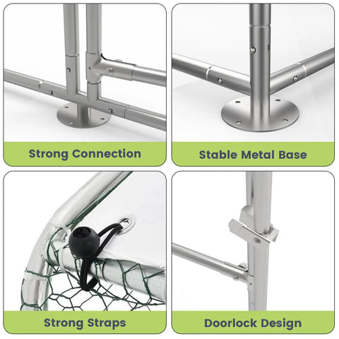 Close-up of metal base and connections on Large Walk In Metal Chicken Coop With Waterproof And UV Resistant Cover For Outdoor Backyard Or Farm Use, Heavy Duty Galvanized Frame And Sturdy Hex Mesh, Spacious 9.8 Ft Long By 19.7 Ft Wide By 6.6 Ft High