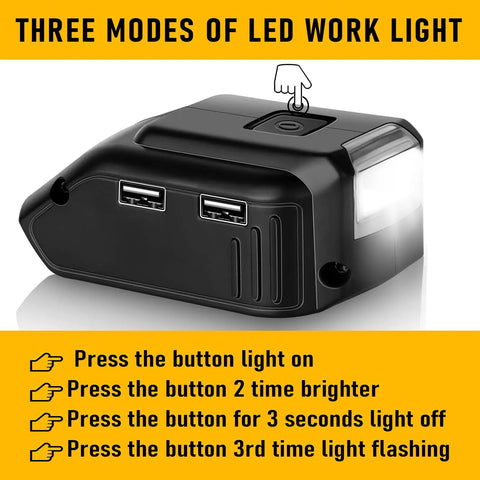Dewalt 20V USB Battery Adapter Charger With LED Work Light DC Port And Dual USB Ports showing light modes
