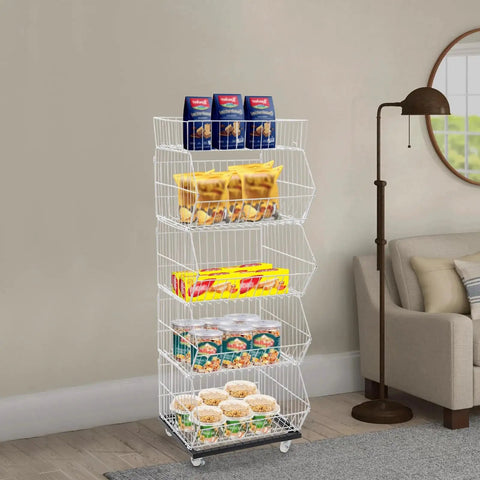Built Tough Five Tier Rolling Wire Display Rack With Heavy Duty Caster Wheels, Angled Mesh Baskets, And Reinforced Steel Frame Designed To Handle Big Loads Smoothly For Retail Floors, Home Organization, Or Garage Gear In Fresh White