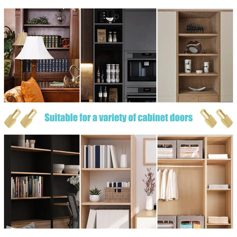 Rock Solid 5Mm Shelf Pins And Cabinet Brackets, 80 Pack Zinc Alloy Rack Supports With Sleek Nickel Finish displayed in various cabinet setups.
