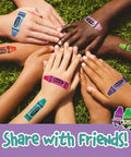 Crayola bandages on kids' arms in a circle on grass; colorful crayon-style adhesive strips with a Share with Friends banner