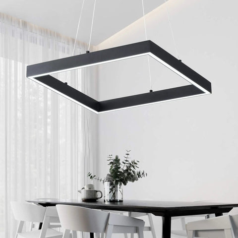 Sleek Square LED Pendant Light With One Ring Acrylic Shade For Dope Modern Look In Kitchen Island Living Room Or Bedroom Adjustable Wire Height Not Dimmable 25W 6000K Daylight Black Finish over dining table.