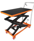 GarveeTech 770 Lbs Capacity Hydraulic Lift Table Cart With Non-Slip Pad, 59 Inch Manual Double Scissor Platform For Heavy Duty Material Handling And Transport, Orange side view of cart