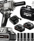 Badass Brushless Cordless Impact Wrench With Slick Half Inch Drive And Serious 1700 Newton Meters Torque, compact set with batteries and charger.