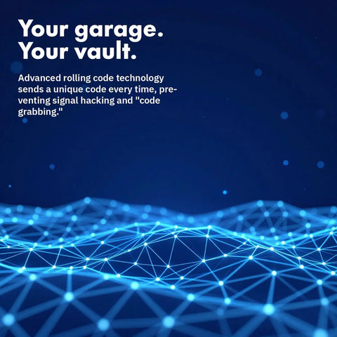 Blue digital network depicting security features of Two Pack Universal Garage Door Opener Remote That Works With LiftMaster Chamberlain.