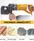 Person holding a Beefy 1800W 20Ton Electric Hydraulic Hole Puncher With Five Dies tool with examples of compatible materials.