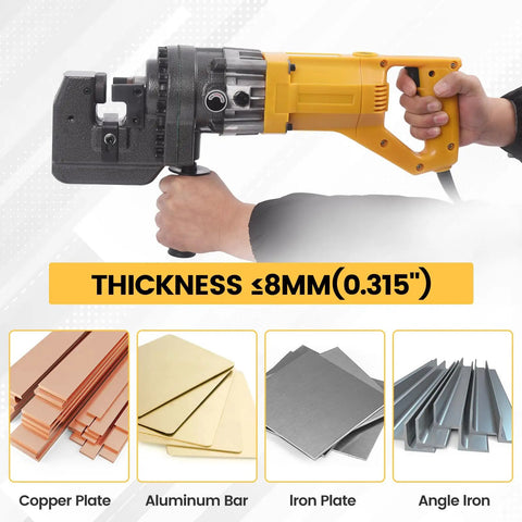 Person holding a Beefy 1800W 20Ton Electric Hydraulic Hole Puncher With Five Dies tool with examples of compatible materials.
