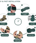 Installation steps for Heavy Duty Lawn Aerator Shoes With Metal Buckles, showing spikes, straps, and size adjustment.